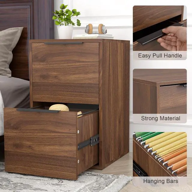 Alt view image 6 of 7 - 2 Drawer File Cabinets, Wood File Cabinet with Hanging Bar for Letter Size, Modern Farmhouse Under Desk Drawer, Printer Stand Small Filing Cabinets for Home Office, Dark Walnut