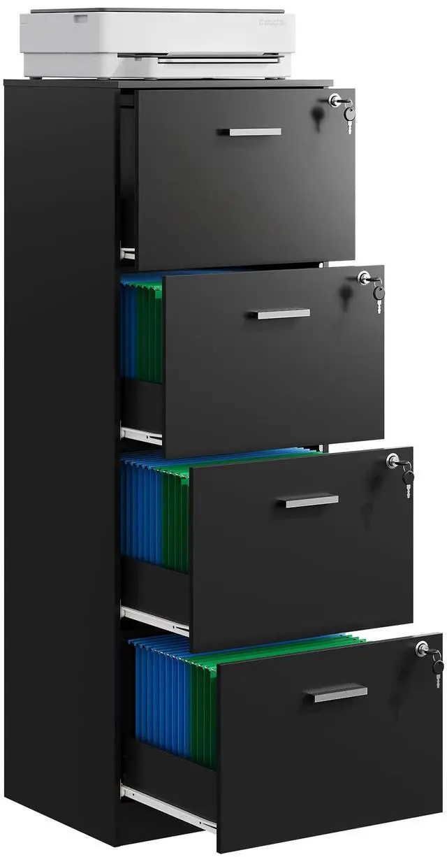 Main image of 4 Drawer Vertical File Cabinet, Wood Filing Cabinet with Lock | Home Office File Storage Cabinet for Letter and A4 Size, Printer Stand, Black