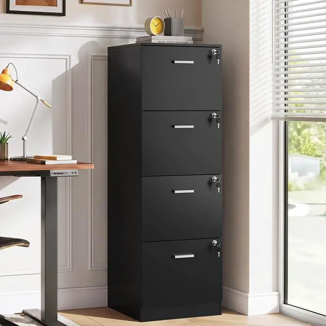 Alt view image 2 of 7 - 4 Drawer Vertical File Cabinet, Wood Filing Cabinet with Lock | Home Office File Storage Cabinet for Letter and A4 Size, Printer Stand, Black