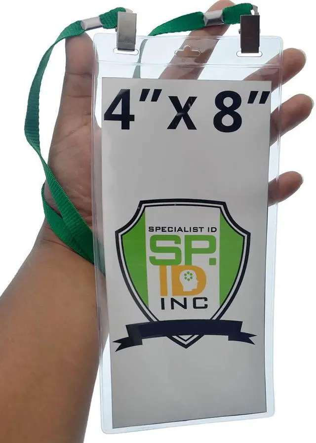 Alt view image 2 of 6 - Bulk 25 Pack - 4 x 8 Inch Extra Large Ticket & Event Credential Badge Holders with Double Sided Lanyards with Two Bulldog Clips, by (Green)
