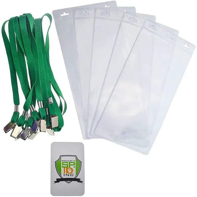 Alt view image 6 of 6 - Bulk 25 Pack - 4 x 8 Inch Extra Large Ticket & Event Credential Badge Holders with Double Sided Lanyards with Two Bulldog Clips, by (Green)