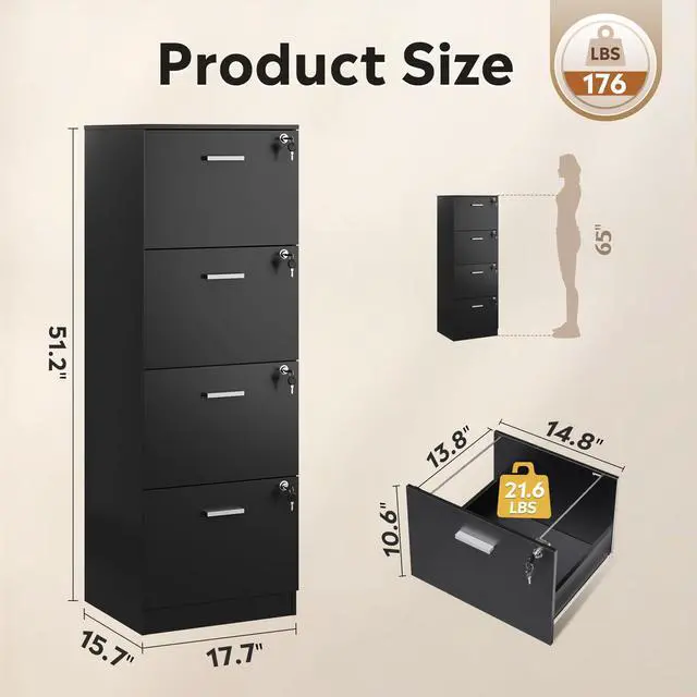 Alt view image 3 of 7 - 4 Drawer Vertical File Cabinet, Wood Filing Cabinet with Lock | Home Office File Storage Cabinet for Letter and A4 Size, Printer Stand, Black
