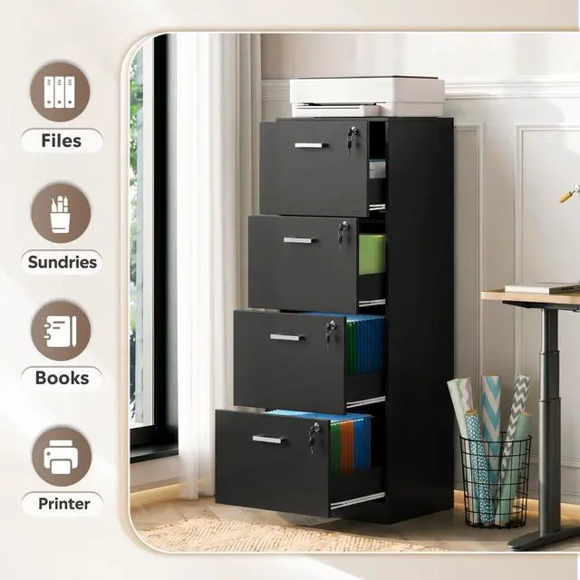 Alt view image 5 of 7 - 4 Drawer Vertical File Cabinet, Wood Filing Cabinet with Lock | Home Office File Storage Cabinet for Letter and A4 Size, Printer Stand, Black