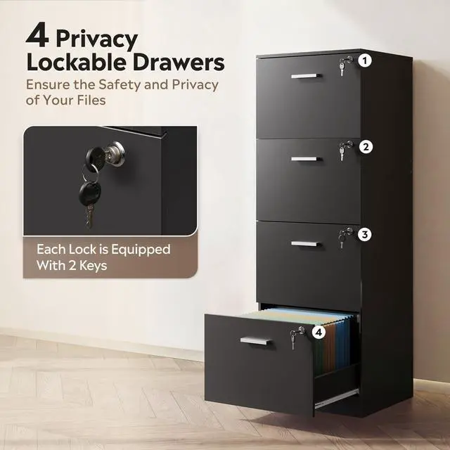 Alt view image 6 of 7 - 4 Drawer Vertical File Cabinet, Wood Filing Cabinet with Lock | Home Office File Storage Cabinet for Letter and A4 Size, Printer Stand, Black
