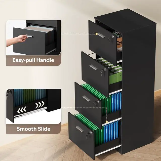 Alt view image 7 of 7 - 4 Drawer Vertical File Cabinet, Wood Filing Cabinet with Lock | Home Office File Storage Cabinet for Letter and A4 Size, Printer Stand, Black