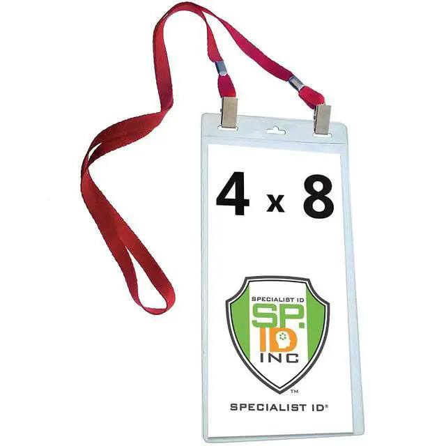 Main image of Bulk 25 Pack - 4 x 8 Inch Extra Large Ticket & Event Credential Badge Holders with Double Sided Lanyards with Two Bulldog Clips, by (Red)