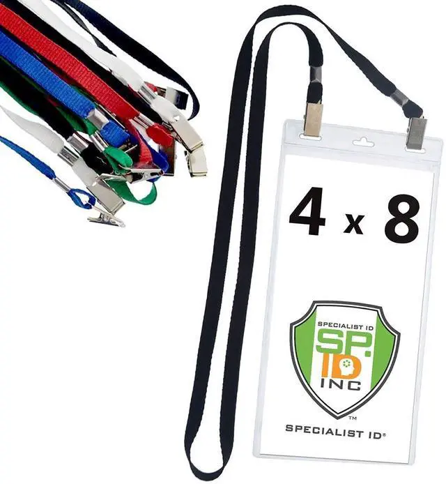 Main image of Bulk 25 Pack - 4 x 8 Inch Extra Large Ticket & Event Credential Badge Holders with Double Sided Lanyards with Two Bulldog Clips, by (Assorted Colors)