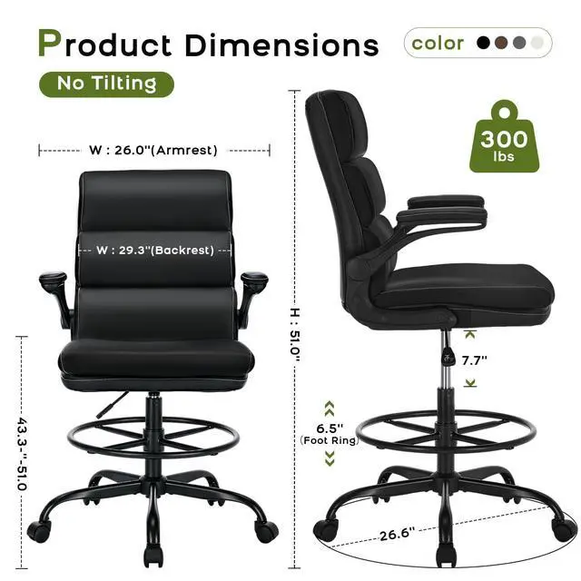 Alt view image 2 of 7 - Drafting Chair, Tall Office Chair with Footrest for Standing Desk | 3-zone backrest and dual-layer cushion add comfort; 90° flip-up armrests plus adjustable foot ring fit counter-height tables