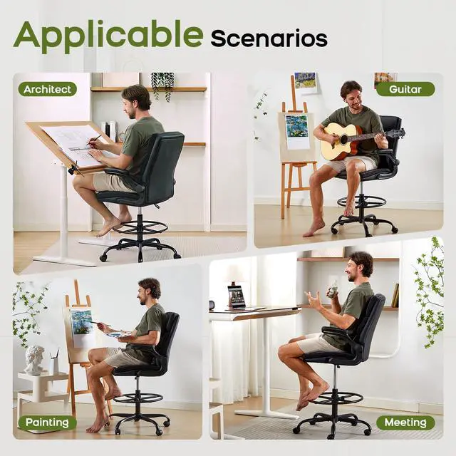 Alt view image 3 of 7 - Drafting Chair, Tall Office Chair with Footrest for Standing Desk | 3-zone backrest and dual-layer cushion add comfort; 90° flip-up armrests plus adjustable foot ring fit counter-height tables