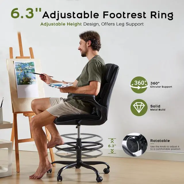 Alt view image 4 of 7 - Drafting Chair, Tall Office Chair with Footrest for Standing Desk | 3-zone backrest and dual-layer cushion add comfort; 90° flip-up armrests plus adjustable foot ring fit counter-height tables