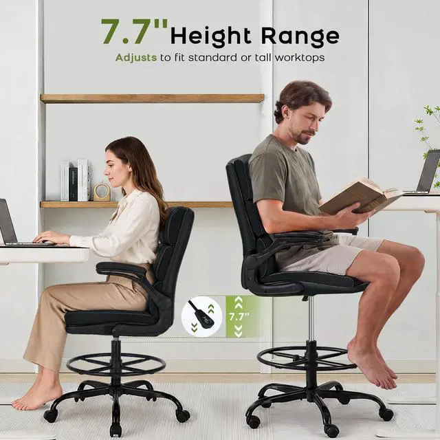 Alt view image 5 of 7 - Drafting Chair, Tall Office Chair with Footrest for Standing Desk | 3-zone backrest and dual-layer cushion add comfort; 90° flip-up armrests plus adjustable foot ring fit counter-height tables