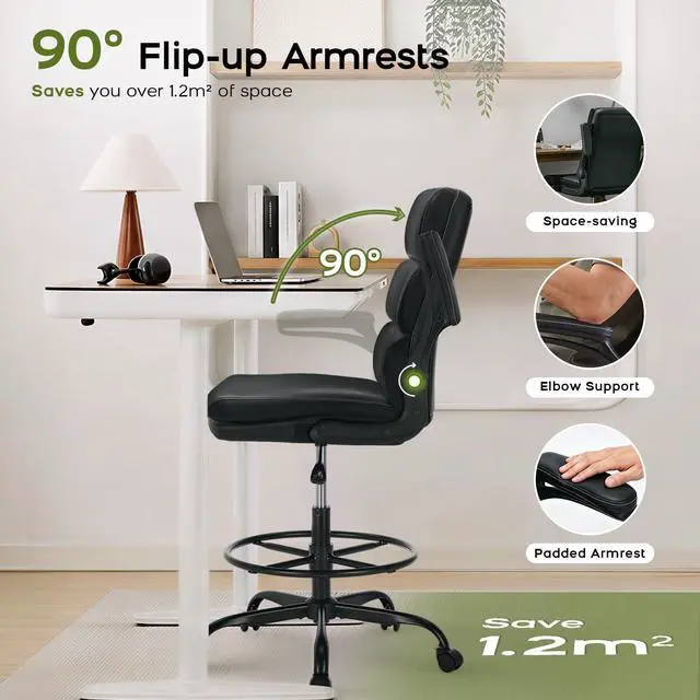 Alt view image 6 of 7 - Drafting Chair, Tall Office Chair with Footrest for Standing Desk | 3-zone backrest and dual-layer cushion add comfort; 90° flip-up armrests plus adjustable foot ring fit counter-height tables