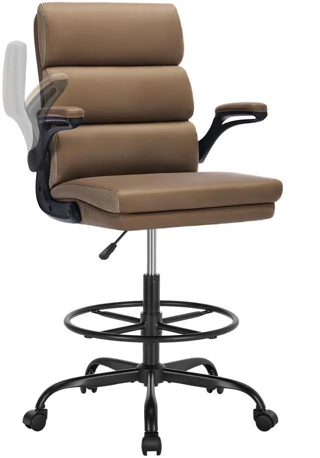Main image of Drafting Chair, Tall Office Chair with Footrest for Standing Desk | 3-zone backrest and dual-layer cushion add comfort; 90° flip-up armrests plus adjustable foot ring fit counter-height tables