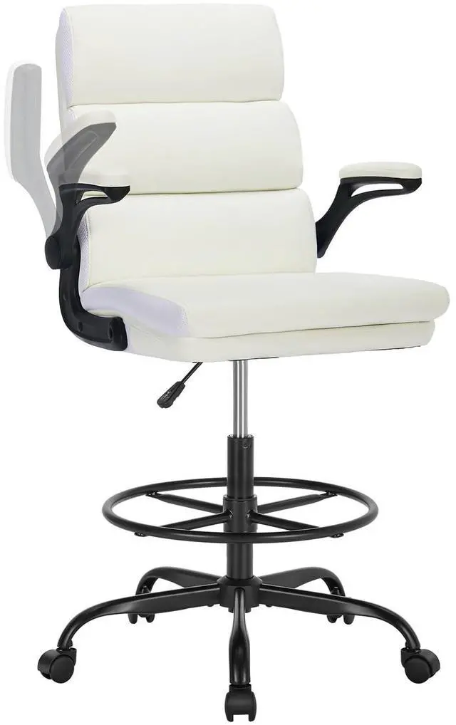 Main image of Drafting Chair, Tall Office Chair with Footrest for Standing Desk | 3-zone backrest and dual-layer cushion add comfort; 90° flip-up armrests plus adjustable foot ring fit counter-height tables