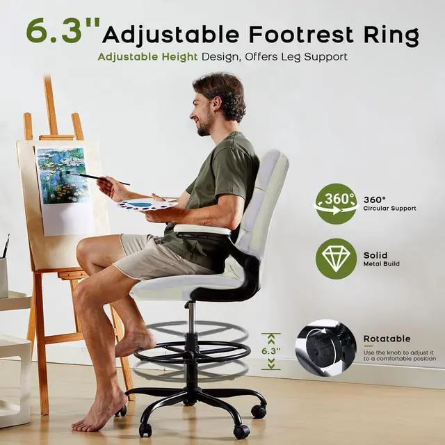 Alt view image 3 of 7 - Drafting Chair, Tall Office Chair with Footrest for Standing Desk | 3-zone backrest and dual-layer cushion add comfort; 90° flip-up armrests plus adjustable foot ring fit counter-height tables