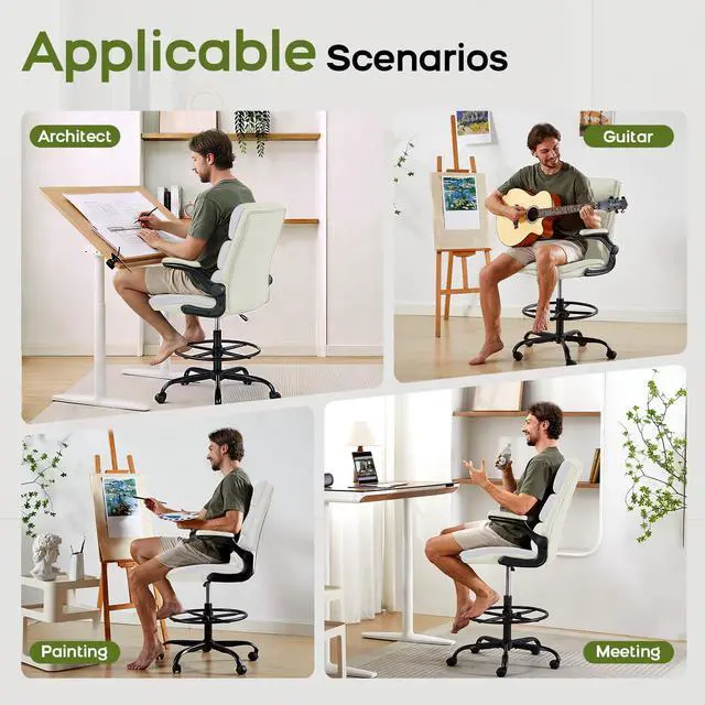 Alt view image 2 of 7 - Drafting Chair, Tall Office Chair with Footrest for Standing Desk | 3-zone backrest and dual-layer cushion add comfort; 90° flip-up armrests plus adjustable foot ring fit counter-height tables