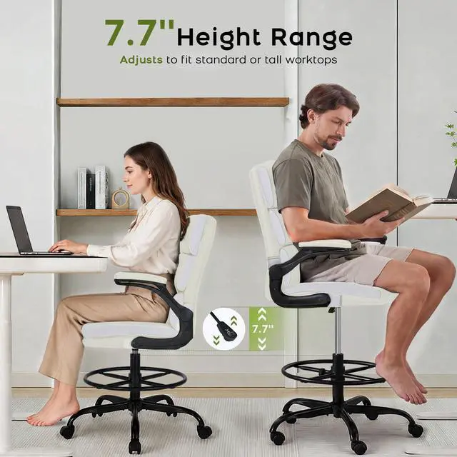 Alt view image 4 of 7 - Drafting Chair, Tall Office Chair with Footrest for Standing Desk | 3-zone backrest and dual-layer cushion add comfort; 90° flip-up armrests plus adjustable foot ring fit counter-height tables