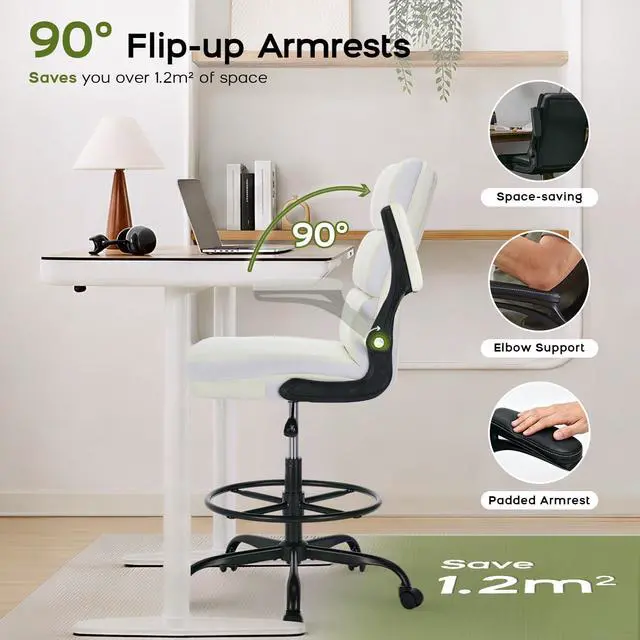 Alt view image 5 of 7 - Drafting Chair, Tall Office Chair with Footrest for Standing Desk | 3-zone backrest and dual-layer cushion add comfort; 90° flip-up armrests plus adjustable foot ring fit counter-height tables