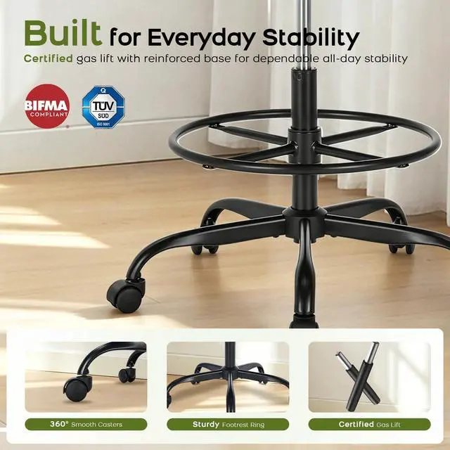 Alt view image 7 of 7 - Drafting Chair, Tall Office Chair with Footrest for Standing Desk | 3-zone backrest and dual-layer cushion add comfort; 90° flip-up armrests plus adjustable foot ring fit counter-height tables