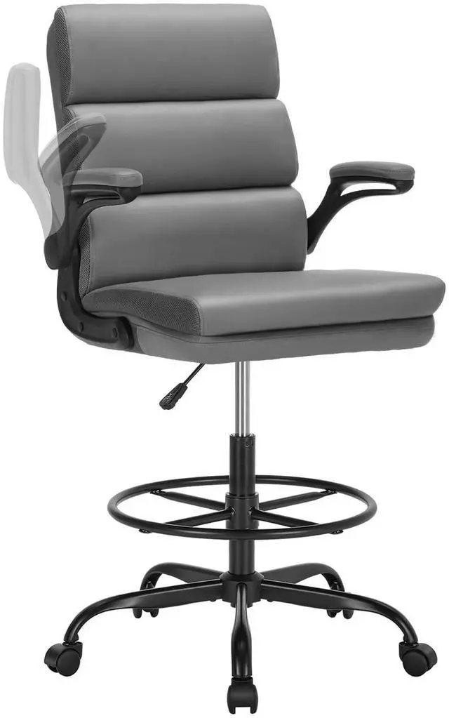 Main image of Drafting Chair, Tall Office Chair with Footrest for Standing Desk | 3-zone backrest and dual-layer cushion add comfort; 90° flip-up armrests plus adjustable foot ring fit counter-height tables