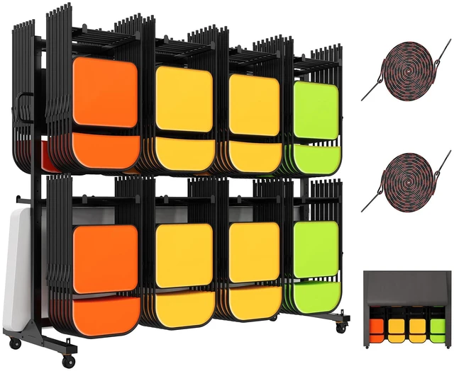 Main image of Folding Chair Rack for 12 Tables or 112 Chairs | Heavy-Duty Folding Chair Cart with 1250 LBS Capacity, Wheels, Elastic Cords and Cover, Glossy Black