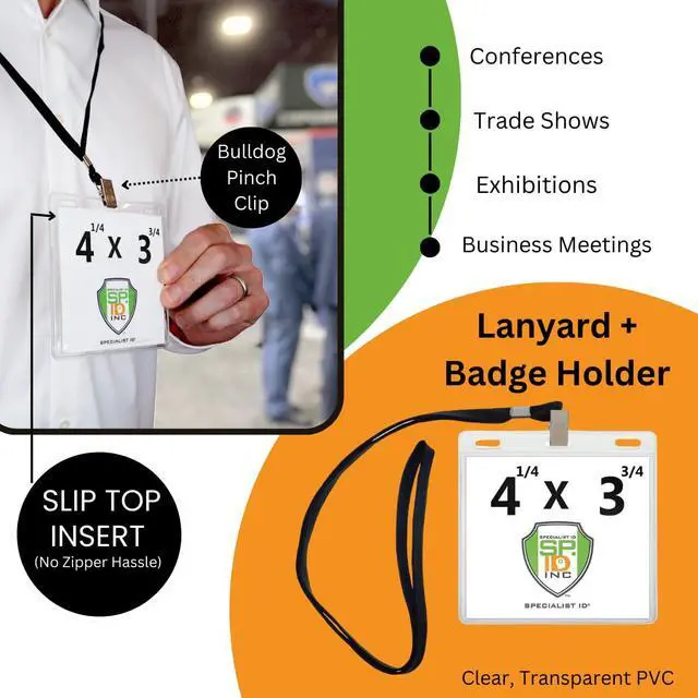 Alt view image 2 of 7 - 500 Pack -4x3 Nametag Holder with Lanyard - Horizontal - Premium 4 x 3 Event Badge Holders with Lanyards - Extra Room Pouch - Large Name Tags for Events, (up to 3 3/4 x 4 1/4) (Black)