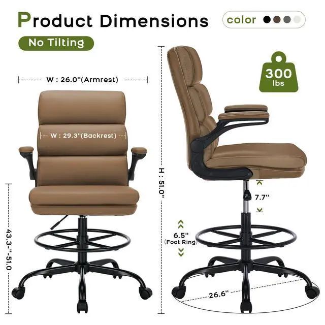 Alt view image 2 of 7 - Drafting Chair, Tall Office Chair with Footrest for Standing Desk | 3-zone backrest and dual-layer cushion add comfort; 90° flip-up armrests plus adjustable foot ring fit counter-height tables
