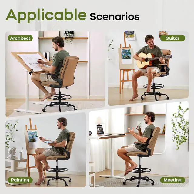 Alt view image 3 of 7 - Drafting Chair, Tall Office Chair with Footrest for Standing Desk | 3-zone backrest and dual-layer cushion add comfort; 90° flip-up armrests plus adjustable foot ring fit counter-height tables