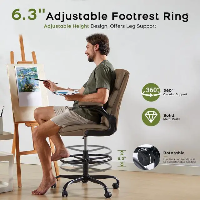 Alt view image 4 of 7 - Drafting Chair, Tall Office Chair with Footrest for Standing Desk | 3-zone backrest and dual-layer cushion add comfort; 90° flip-up armrests plus adjustable foot ring fit counter-height tables