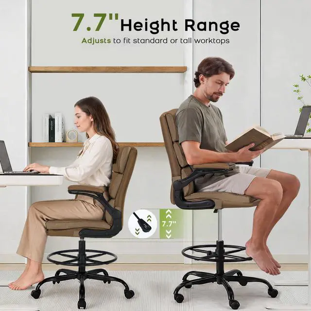 Alt view image 5 of 7 - Drafting Chair, Tall Office Chair with Footrest for Standing Desk | 3-zone backrest and dual-layer cushion add comfort; 90° flip-up armrests plus adjustable foot ring fit counter-height tables