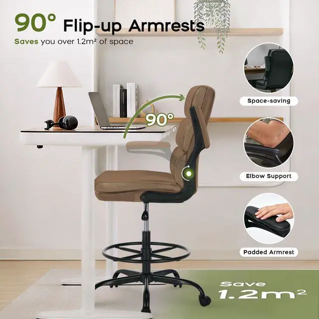 Alt view image 6 of 7 - Drafting Chair, Tall Office Chair with Footrest for Standing Desk | 3-zone backrest and dual-layer cushion add comfort; 90° flip-up armrests plus adjustable foot ring fit counter-height tables