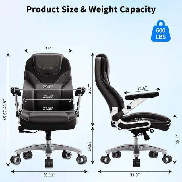 Alt view image 2 of 7 - Big and Tall Office Chair with 5D Arms, Fabric & PU Leather Heavy Duty Desk Chair, Adjustable Lumbar Support & Height, Tilt Function, High Back Ergonomic Executive Computer Chair