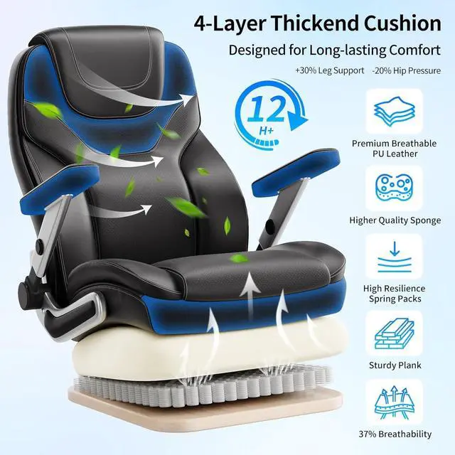 Alt view image 5 of 7 - Big and Tall Office Chair with 5D Arms, Fabric & PU Leather Heavy Duty Desk Chair, Adjustable Lumbar Support & Height, Tilt Function, High Back Ergonomic Executive Computer Chair