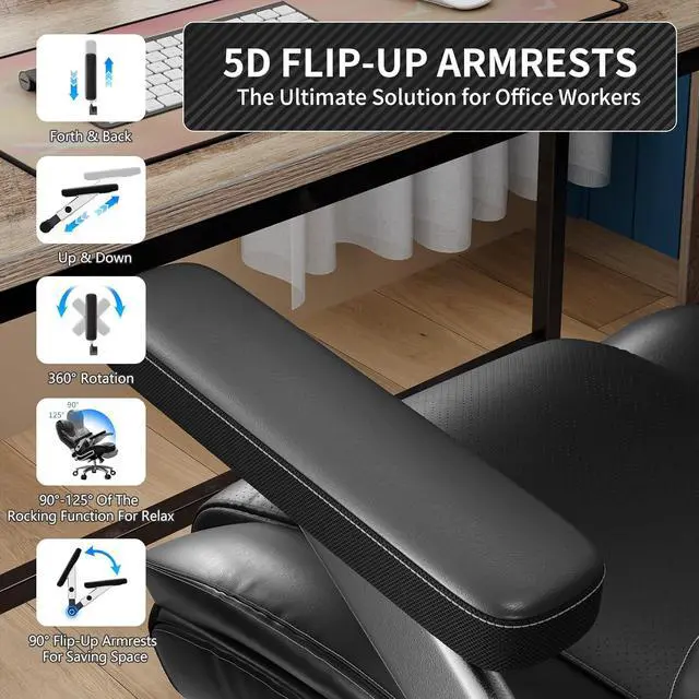 Alt view image 6 of 7 - Big and Tall Office Chair with 5D Arms, Fabric & PU Leather Heavy Duty Desk Chair, Adjustable Lumbar Support & Height, Tilt Function, High Back Ergonomic Executive Computer Chair