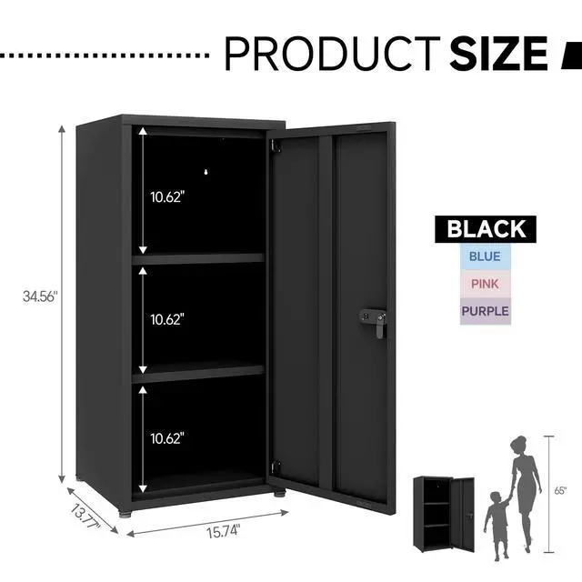 Alt view image 3 of 7 - Metal Storage Cabinet with Lock, 3 Adjustable Shelves Single Door Steel Locker for Home, Office & Garage (Black)