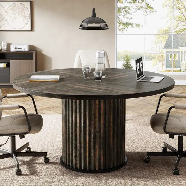 Main image of 47" Round Conference Table, Brown Meeting Table for 4-6 People | Small Office Desk with Sturdy MDF + Metal Base, Perfect for Conference Room or Small Workspaces, Easy Assembly, Black Brown