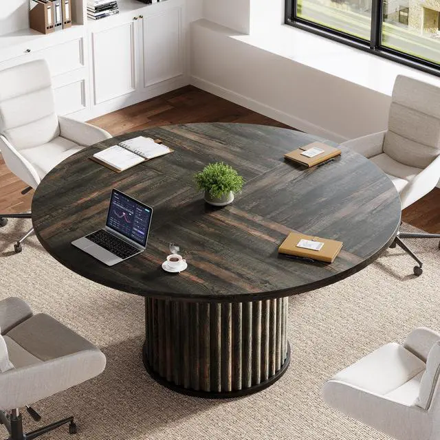Alt view image 3 of 7 - 47" Round Conference Table, Brown Meeting Table for 4-6 People | Small Office Desk with Sturdy MDF + Metal Base, Perfect for Conference Room or Small Workspaces, Easy Assembly, Black Brown