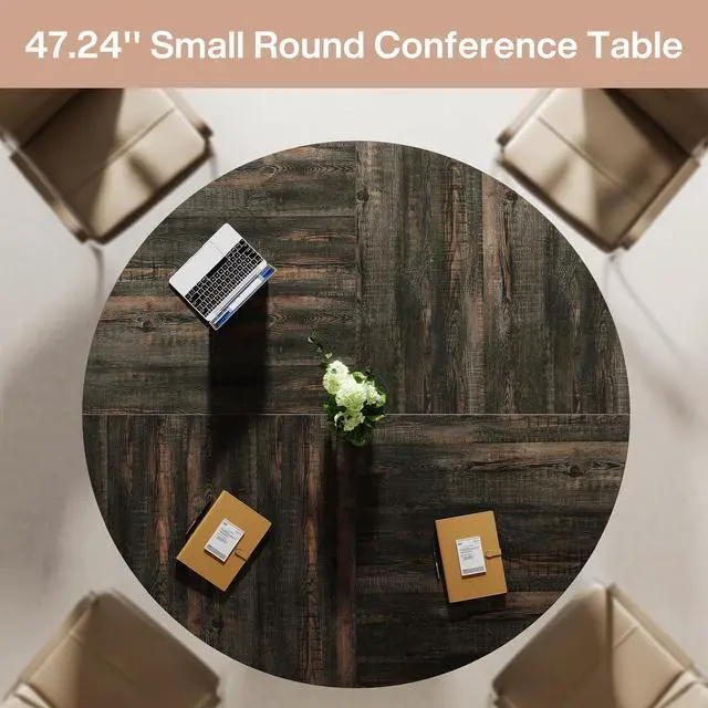 Alt view image 4 of 7 - 47" Round Conference Table, Brown Meeting Table for 4-6 People | Small Office Desk with Sturdy MDF + Metal Base, Perfect for Conference Room or Small Workspaces, Easy Assembly, Black Brown