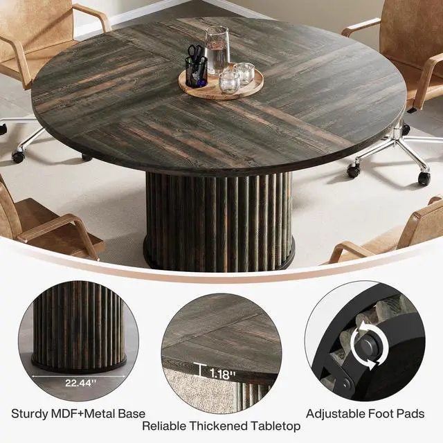 Alt view image 5 of 7 - 47" Round Conference Table, Brown Meeting Table for 4-6 People | Small Office Desk with Sturdy MDF + Metal Base, Perfect for Conference Room or Small Workspaces, Easy Assembly, Black Brown