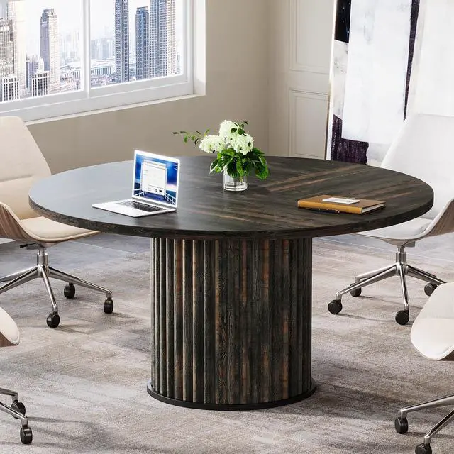 Alt view image 7 of 7 - 47" Round Conference Table, Brown Meeting Table for 4-6 People | Small Office Desk with Sturdy MDF + Metal Base, Perfect for Conference Room or Small Workspaces, Easy Assembly, Black Brown
