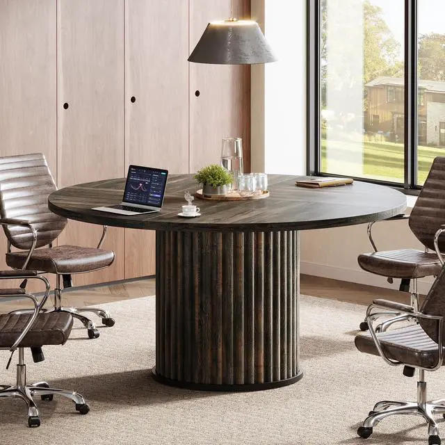 Alt view image 6 of 7 - 47" Round Conference Table, Brown Meeting Table for 4-6 People | Small Office Desk with Sturdy MDF + Metal Base, Perfect for Conference Room or Small Workspaces, Easy Assembly, Black Brown