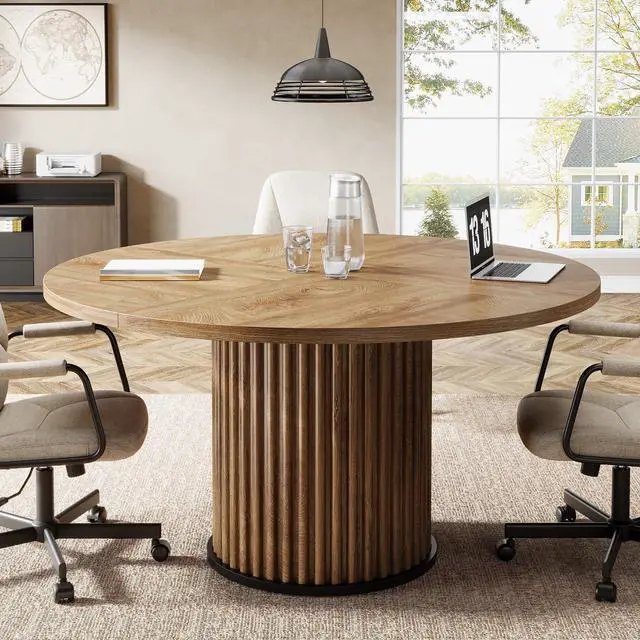 Main image of 47" Round Conference Table, Brown Meeting Table for 4-6 People | Small Office Desk with Sturdy MDF + Metal Base, Perfect for Conference Room or Small Workspaces, Easy Assembly, Brown