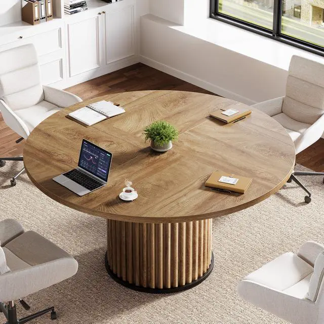 Alt view image 3 of 7 - 47" Round Conference Table, Brown Meeting Table for 4-6 People | Small Office Desk with Sturdy MDF + Metal Base, Perfect for Conference Room or Small Workspaces, Easy Assembly, Brown