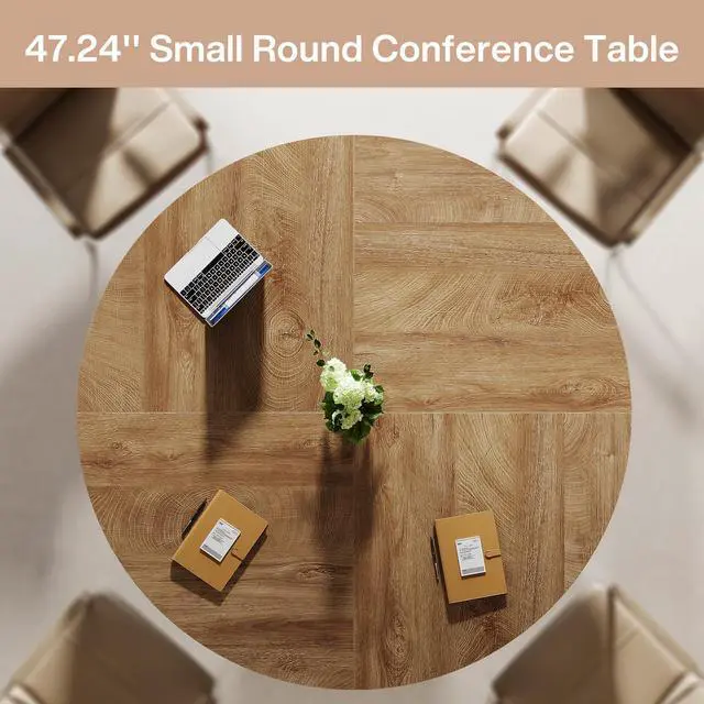 Alt view image 4 of 7 - 47" Round Conference Table, Brown Meeting Table for 4-6 People | Small Office Desk with Sturdy MDF + Metal Base, Perfect for Conference Room or Small Workspaces, Easy Assembly, Brown