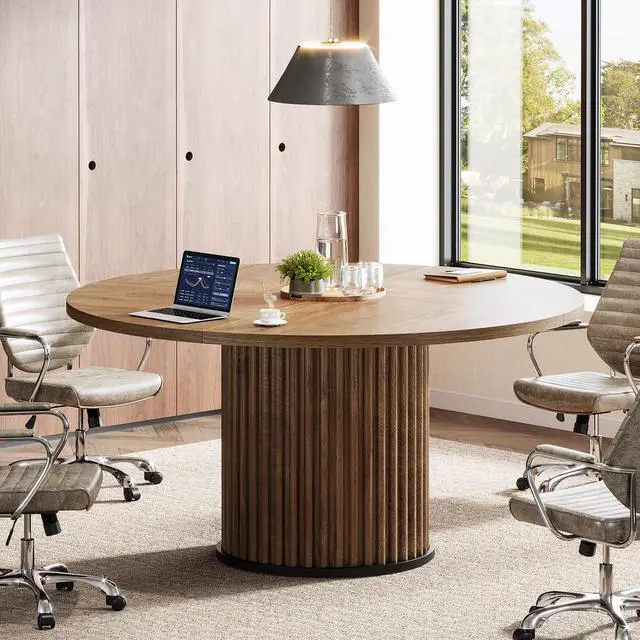 Alt view image 6 of 7 - 47" Round Conference Table, Brown Meeting Table for 4-6 People | Small Office Desk with Sturdy MDF + Metal Base, Perfect for Conference Room or Small Workspaces, Easy Assembly, Brown