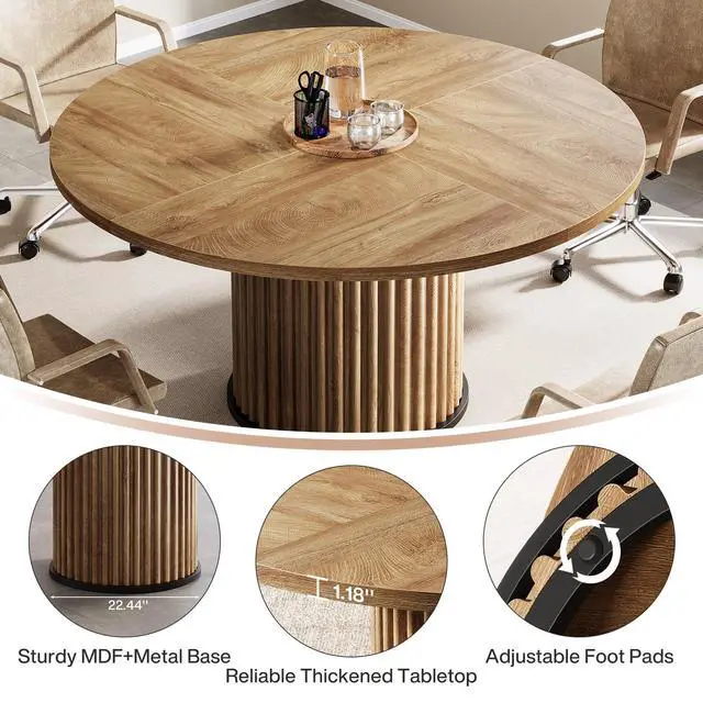 Alt view image 5 of 7 - 47" Round Conference Table, Brown Meeting Table for 4-6 People | Small Office Desk with Sturdy MDF + Metal Base, Perfect for Conference Room or Small Workspaces, Easy Assembly, Brown