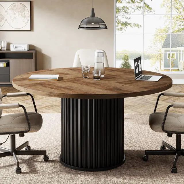 Main image of 47" Round Conference Table, Black Meeting Table for 4-6 People | Small Office Desk with Sturdy MDF + Metal Base, Perfect for Conference Room or Small Workspaces, Easy Assembly, Brown + Black