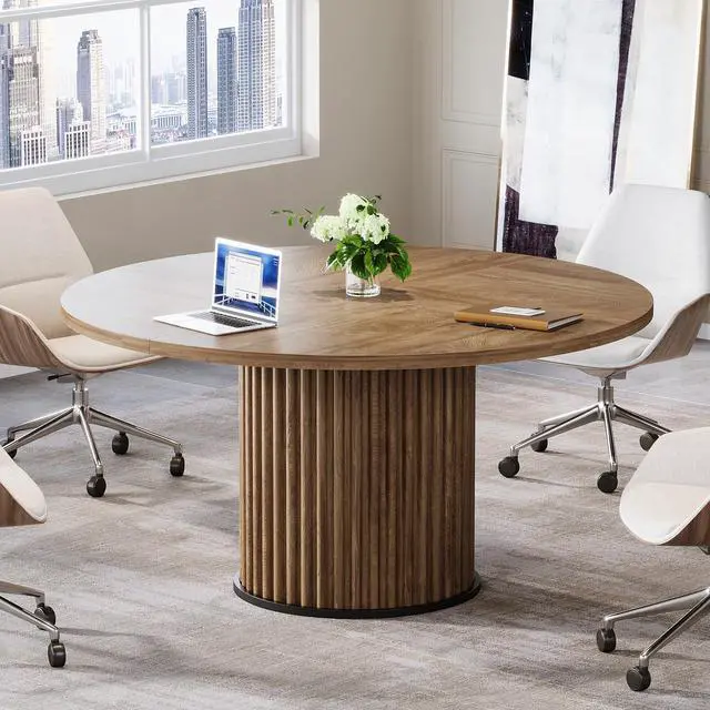 Alt view image 7 of 7 - 47" Round Conference Table, Brown Meeting Table for 4-6 People | Small Office Desk with Sturdy MDF + Metal Base, Perfect for Conference Room or Small Workspaces, Easy Assembly, Brown