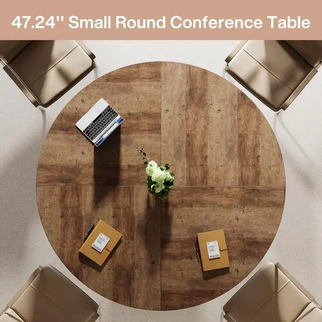 Alt view image 4 of 7 - 47" Round Conference Table, Black Meeting Table for 4-6 People | Small Office Desk with Sturdy MDF + Metal Base, Perfect for Conference Room or Small Workspaces, Easy Assembly, Brown + Black