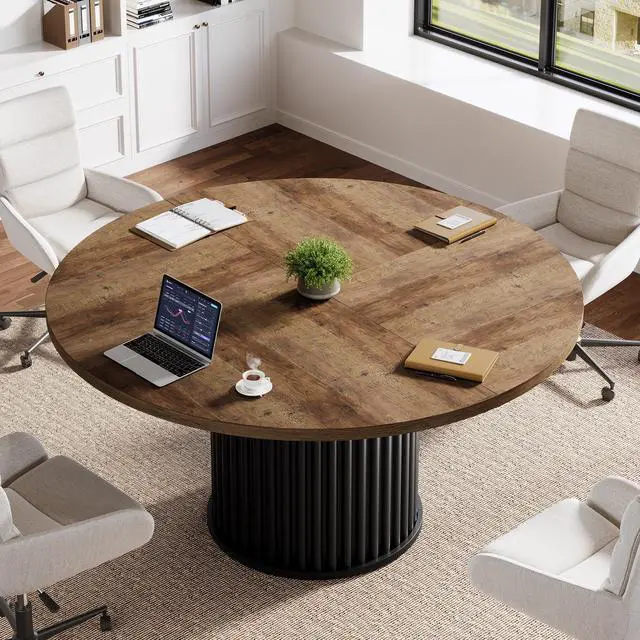Alt view image 3 of 7 - 47" Round Conference Table, Black Meeting Table for 4-6 People | Small Office Desk with Sturdy MDF + Metal Base, Perfect for Conference Room or Small Workspaces, Easy Assembly, Brown + Black
